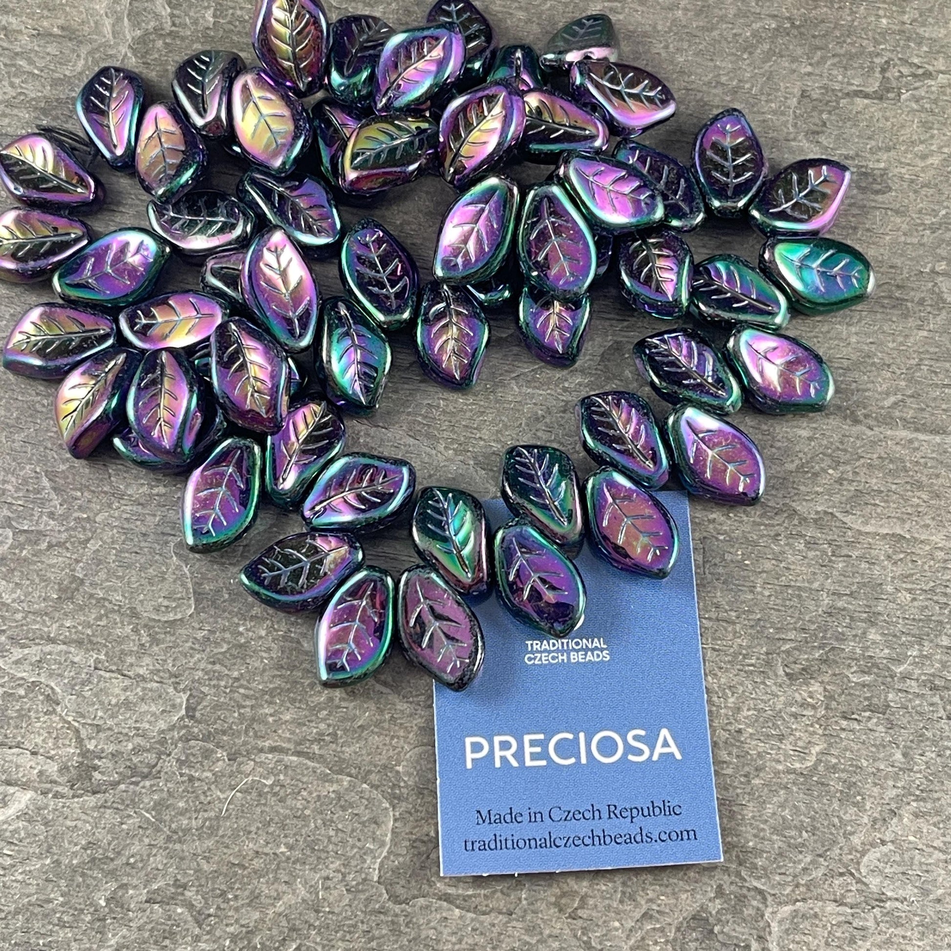 Czech Glass Beads - 15x10mm Wavy Briolette Leaf, Metallic Purple Iris Leaf Bead (FMG-7688MD) * Qty. 12