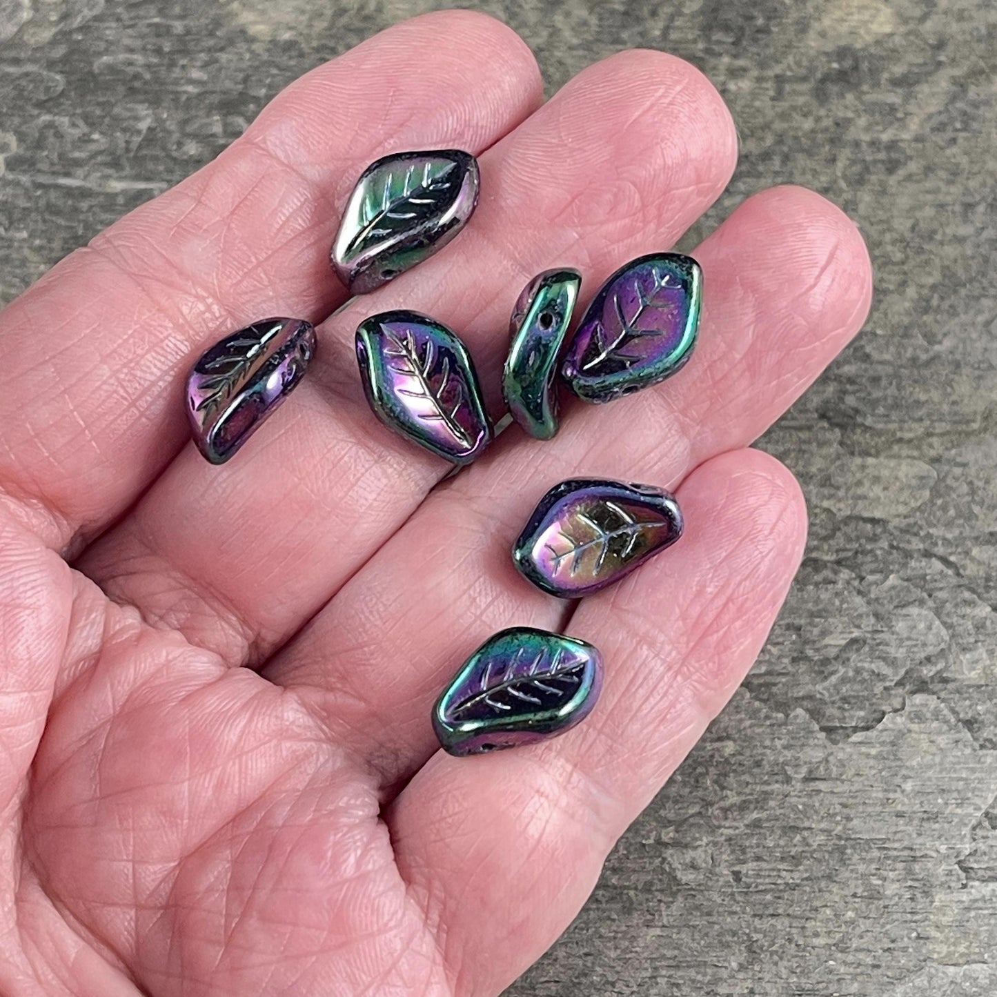 Czech Glass Beads - 15x10mm Wavy Briolette Leaf, Metallic Purple Iris Leaf Bead (FMG-7688MD) * Qty. 12