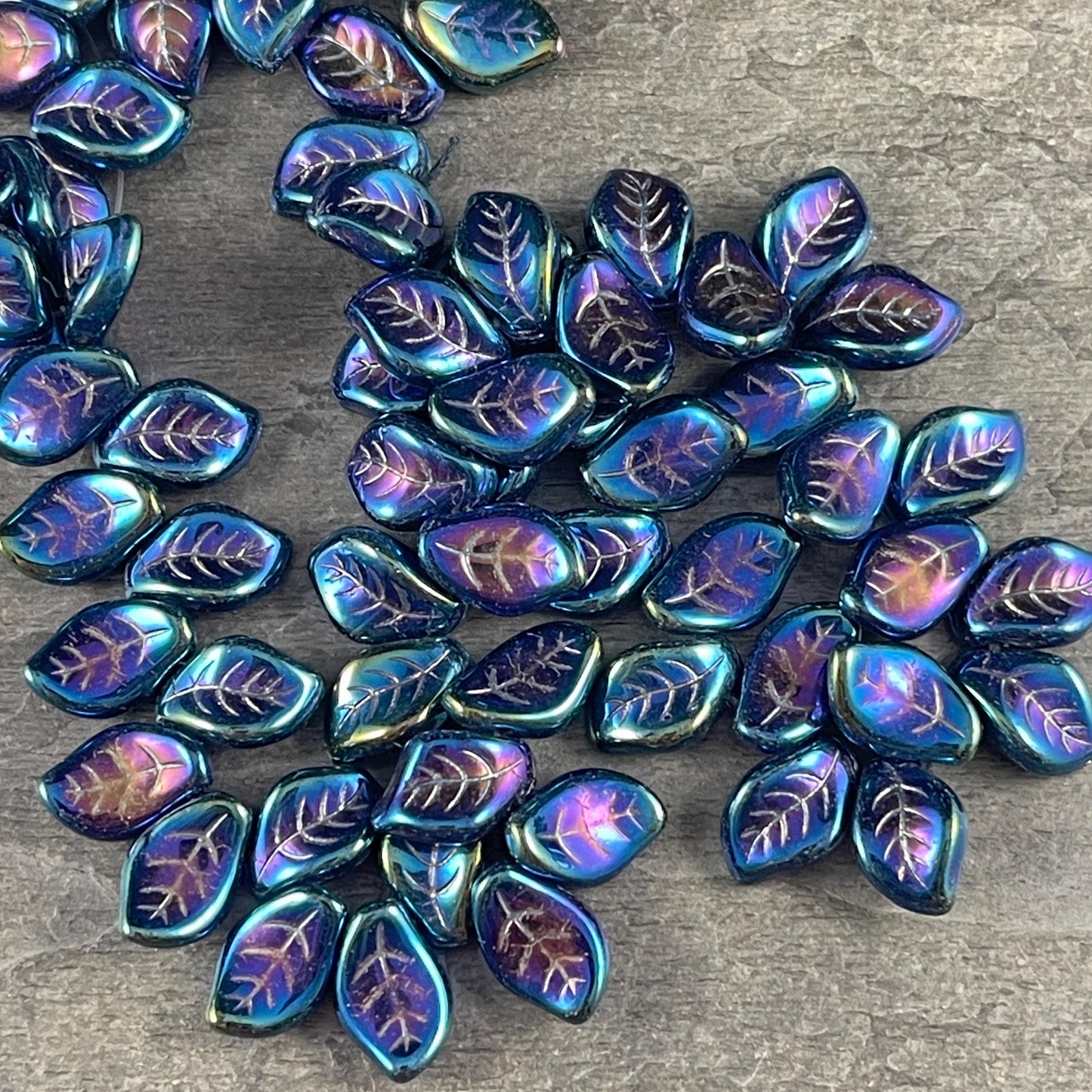 Czech Glass Beads - 15x10mm Wavy Briolette Leaf, Metallic Blue Iris Leaf Bead (FMG-7685MD) * Qty. 12