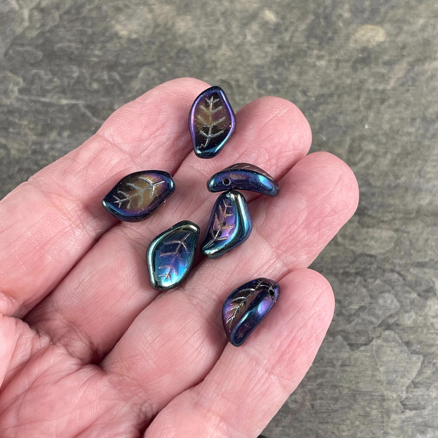 Czech Glass Beads - 15x10mm Wavy Briolette Leaf, Metallic Blue Iris Leaf Bead (FMG-7685MD) * Qty. 12