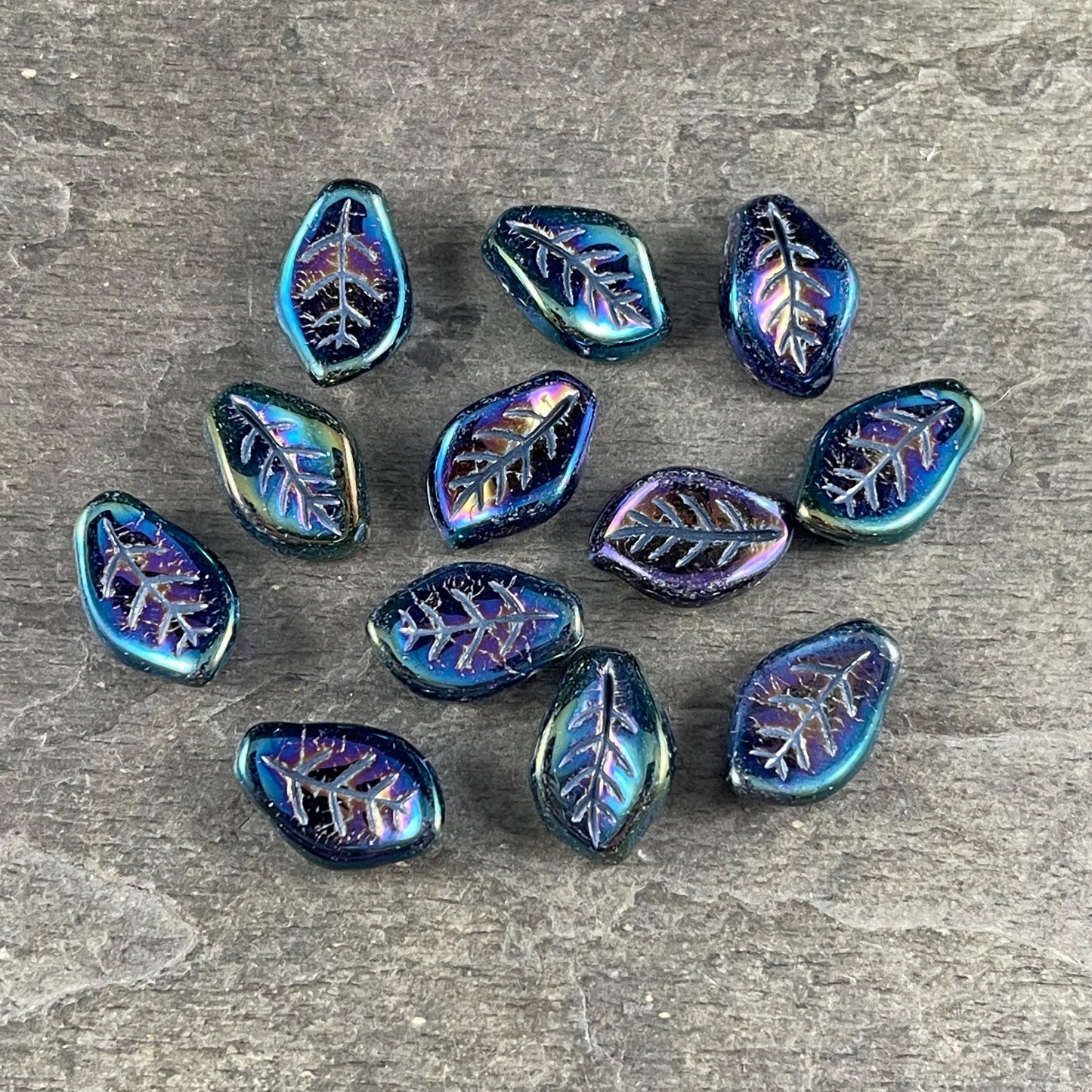 Czech Glass Beads - 15x10mm Wavy Briolette Leaf, Metallic Green Iris Leaf Bead (FMG-7686MD) * Qty. 12