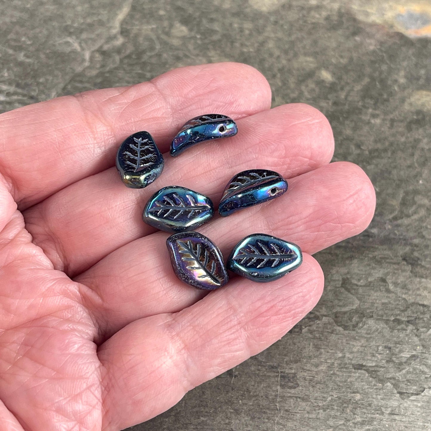 Czech Glass Beads - 15x10mm Wavy Briolette Leaf, Metallic Green Iris Leaf Bead (FMG-7686MD) * Qty. 12