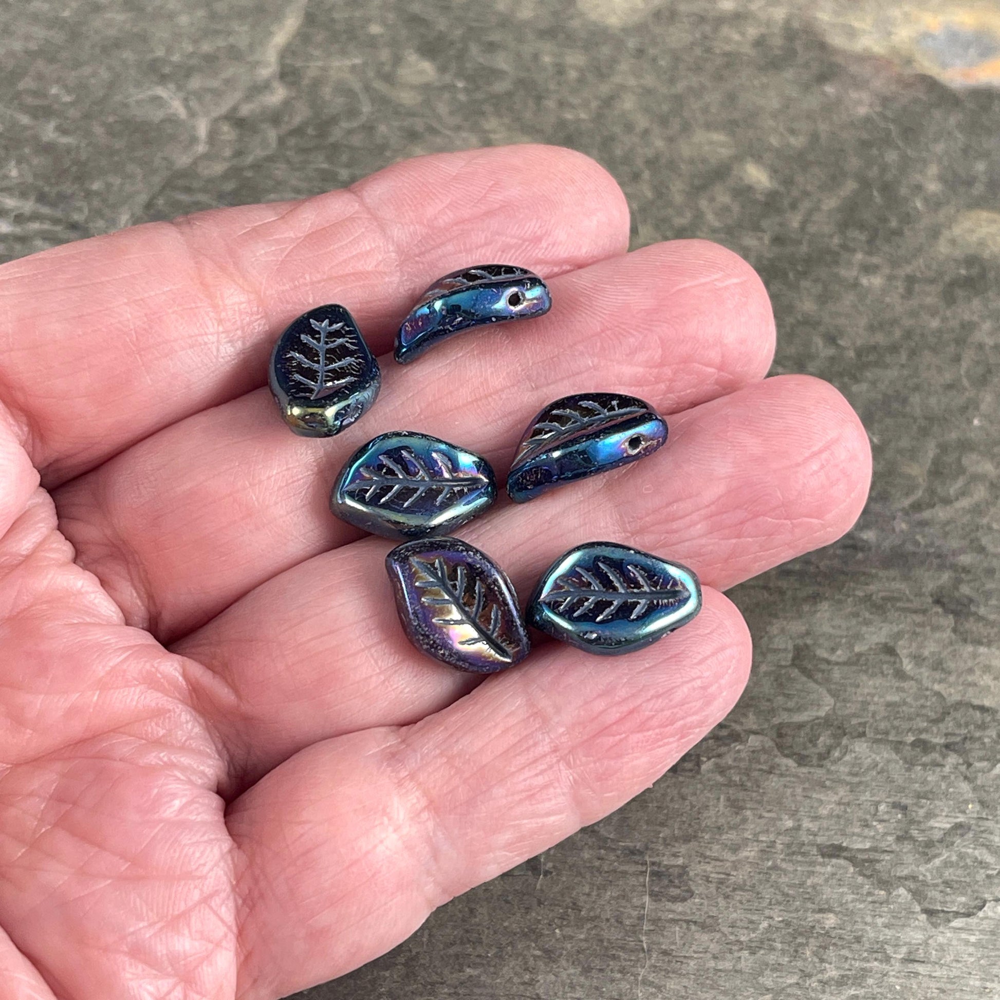 Czech Glass Beads - 15x10mm Wavy Briolette Leaf, Metallic Green Iris Leaf Bead (FMG-7686MD) * Qty. 12
