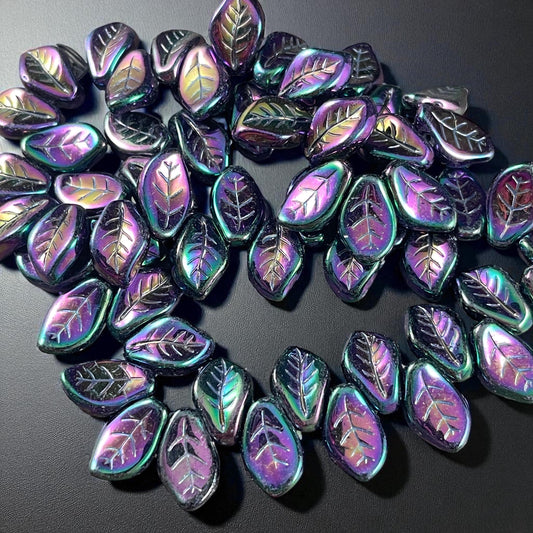 Czech Glass Beads - 15x10mm Wavy Briolette Leaf, Metallic Purple Iris Leaf Bead (FMG-7688MD) * Qty. 12
