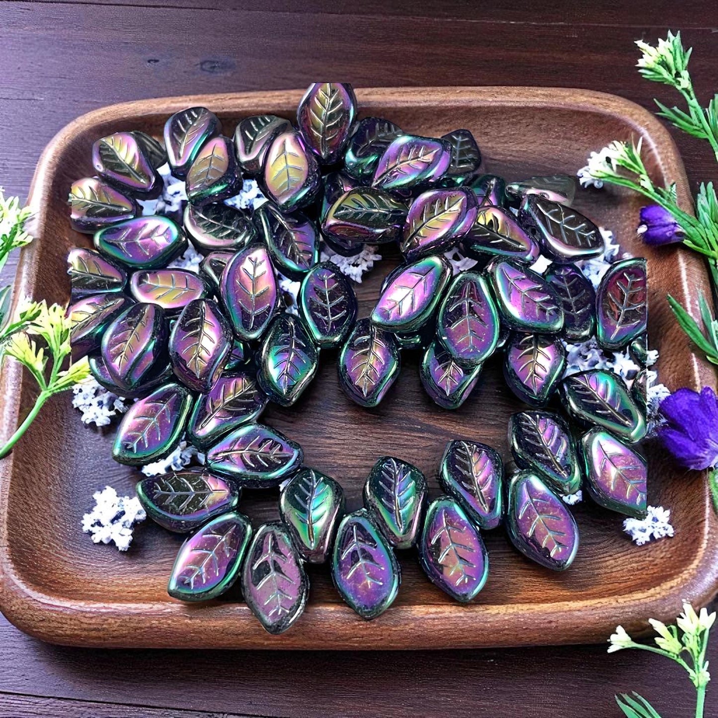 Czech Glass Beads - 15x10mm Wavy Briolette Leaf, Metallic Purple Iris Leaf Bead (FMG-7688MD) * Qty. 12
