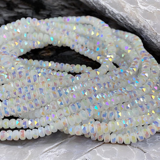 Faceted Glass Beads - 4x2.5mm Heishi Rondelles, White with AB Finish (WhiteAB) * 7" Strand