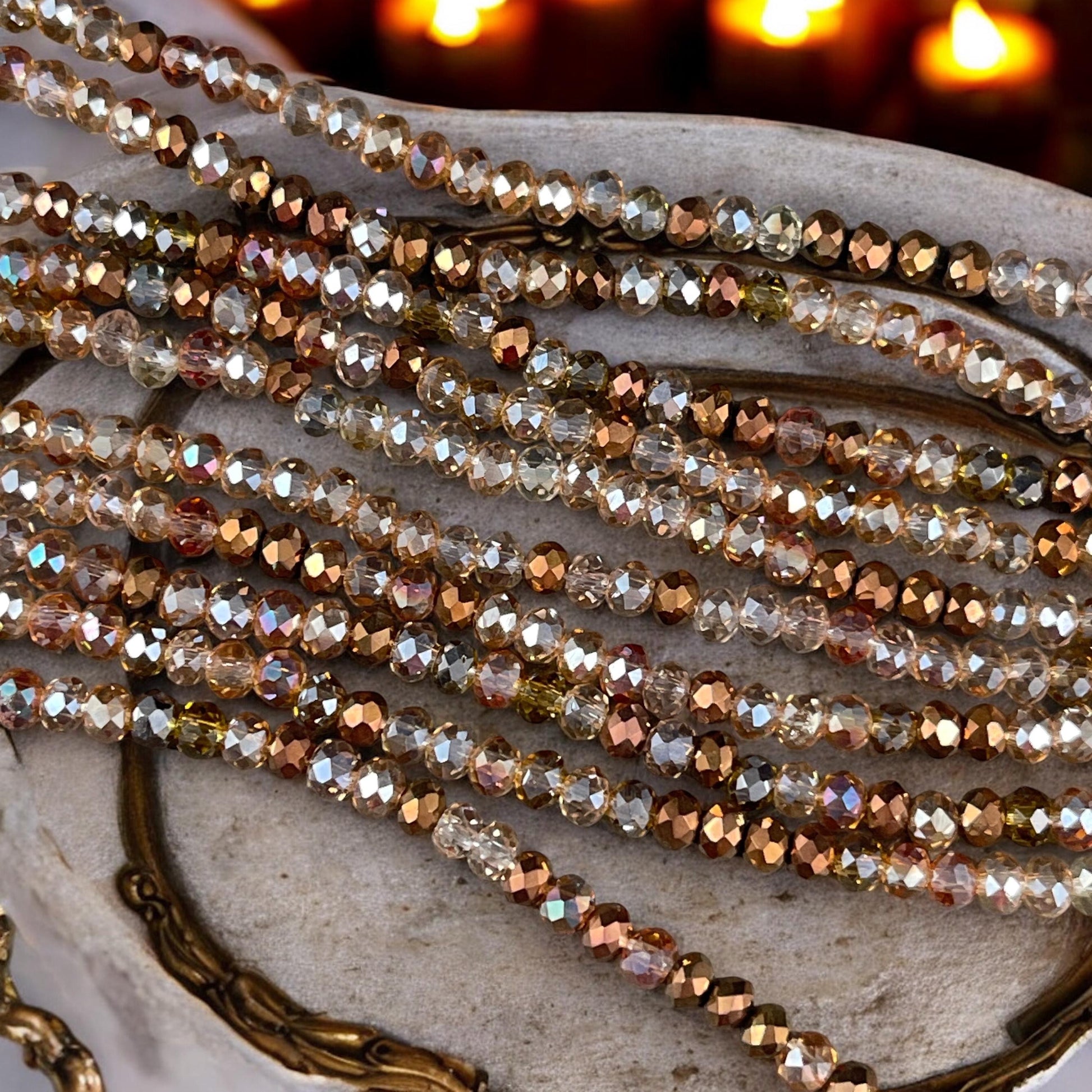 Tiny Mixed Glass Beads, Bronze, Honey Gold and Topaz 3x2mm Faceted Glass Beads (Glitzy Gold) - 15" Strand