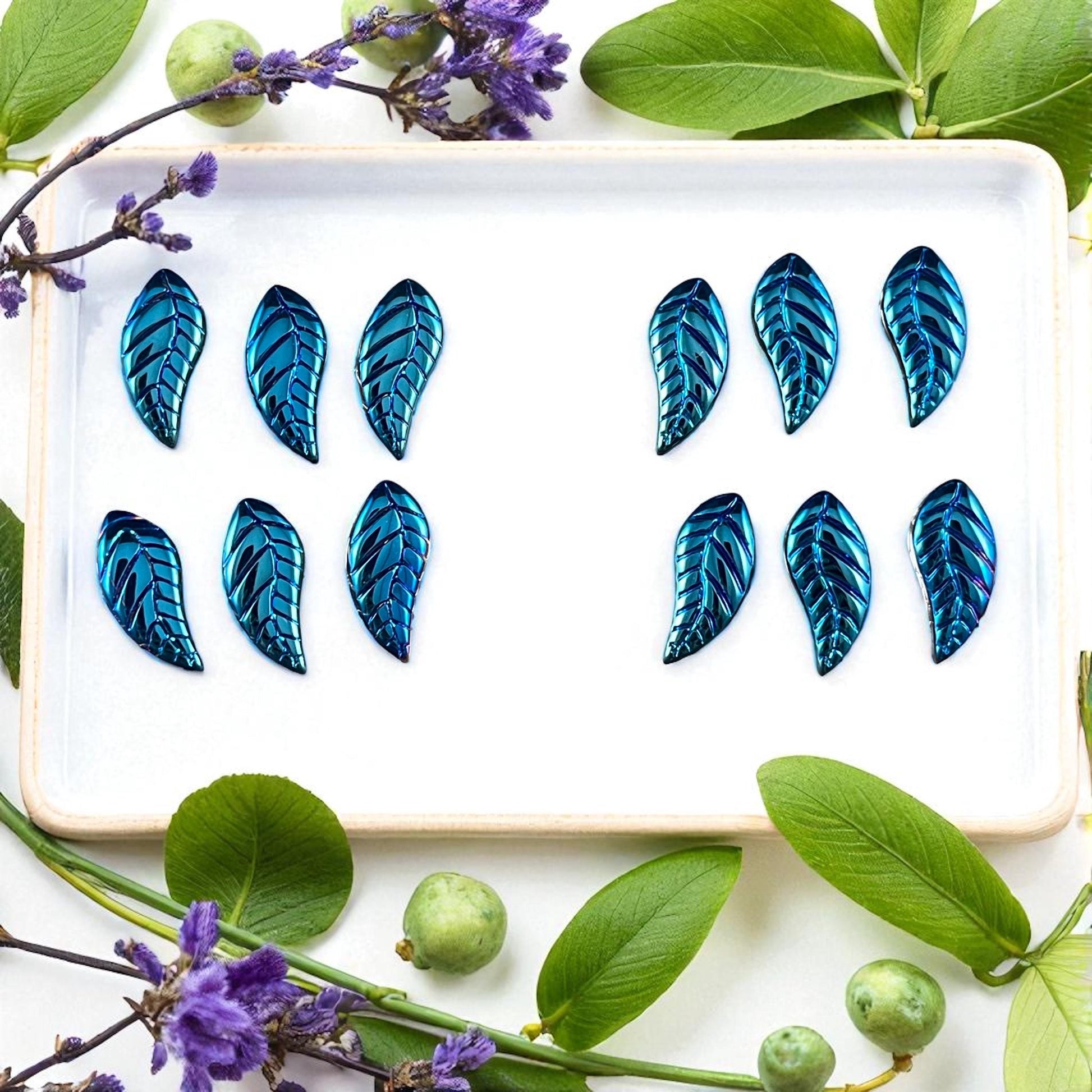 Metallic Blue Vitrail 18x8mm Top Drilled Curved Leaf Beads * Qty. 12 beads