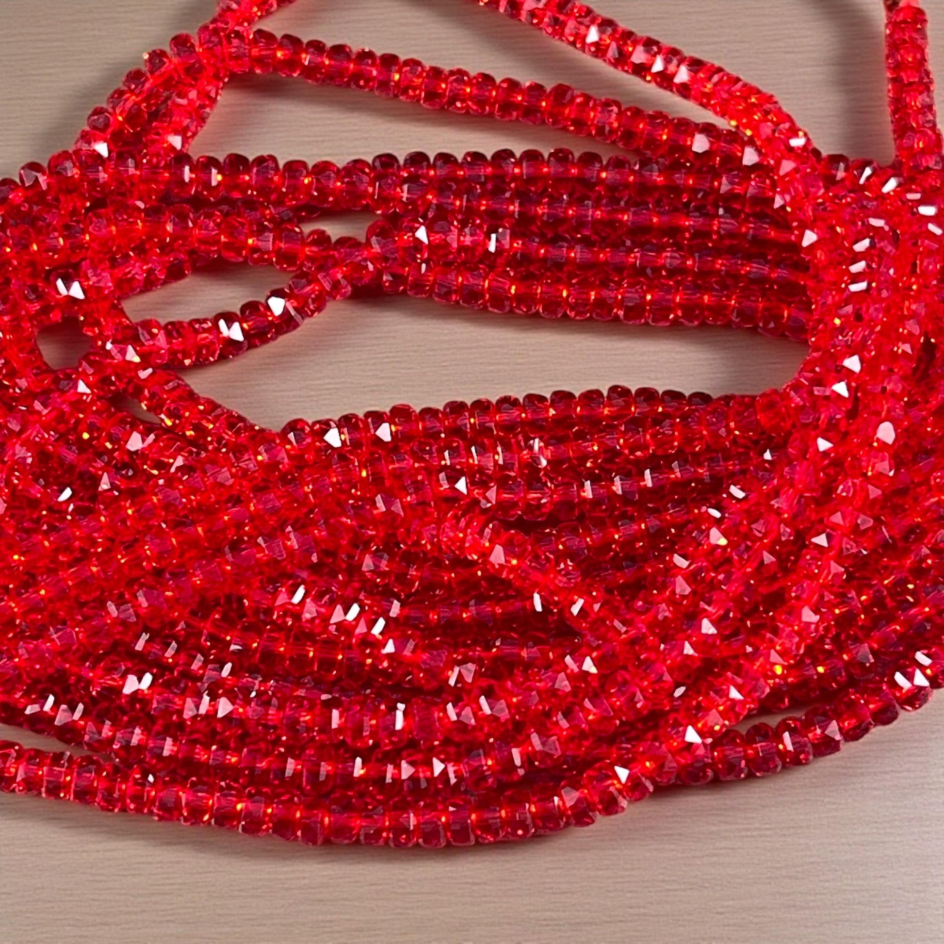 Faceted Glass Beads - 4x2.5mm Heishi Rondelles, Siam Transparent Red (Siam) * 7" Strand