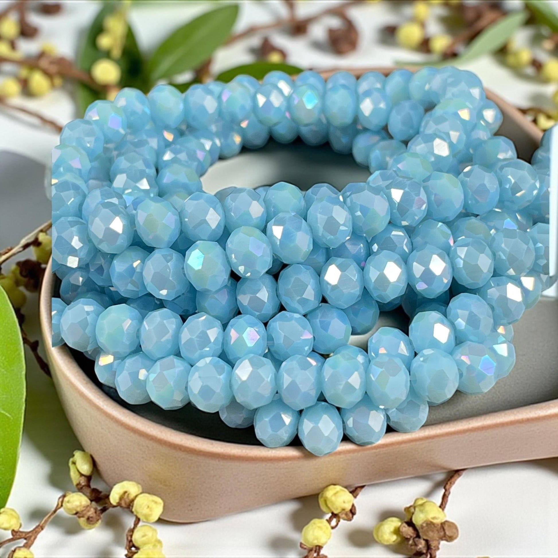 Baby Blue 8x6mm Rondelle, Pastel Blue Faceted Glass Beads with AB Finish (PastelBlueAB-8) * 36 Beads