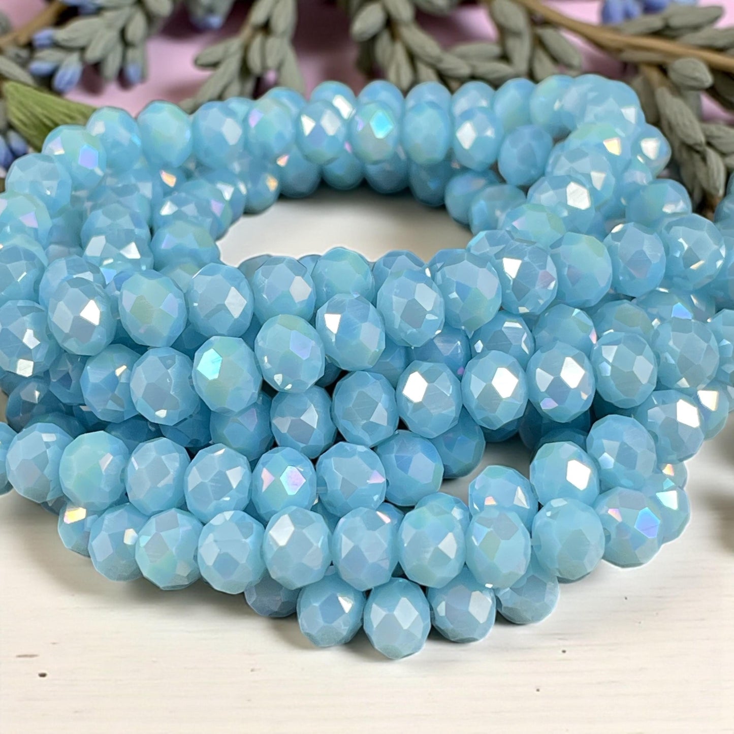 Baby Blue 8x6mm Rondelle, Pastel Blue Faceted Glass Beads with AB Finish (PastelBlueAB-8) * 36 Beads