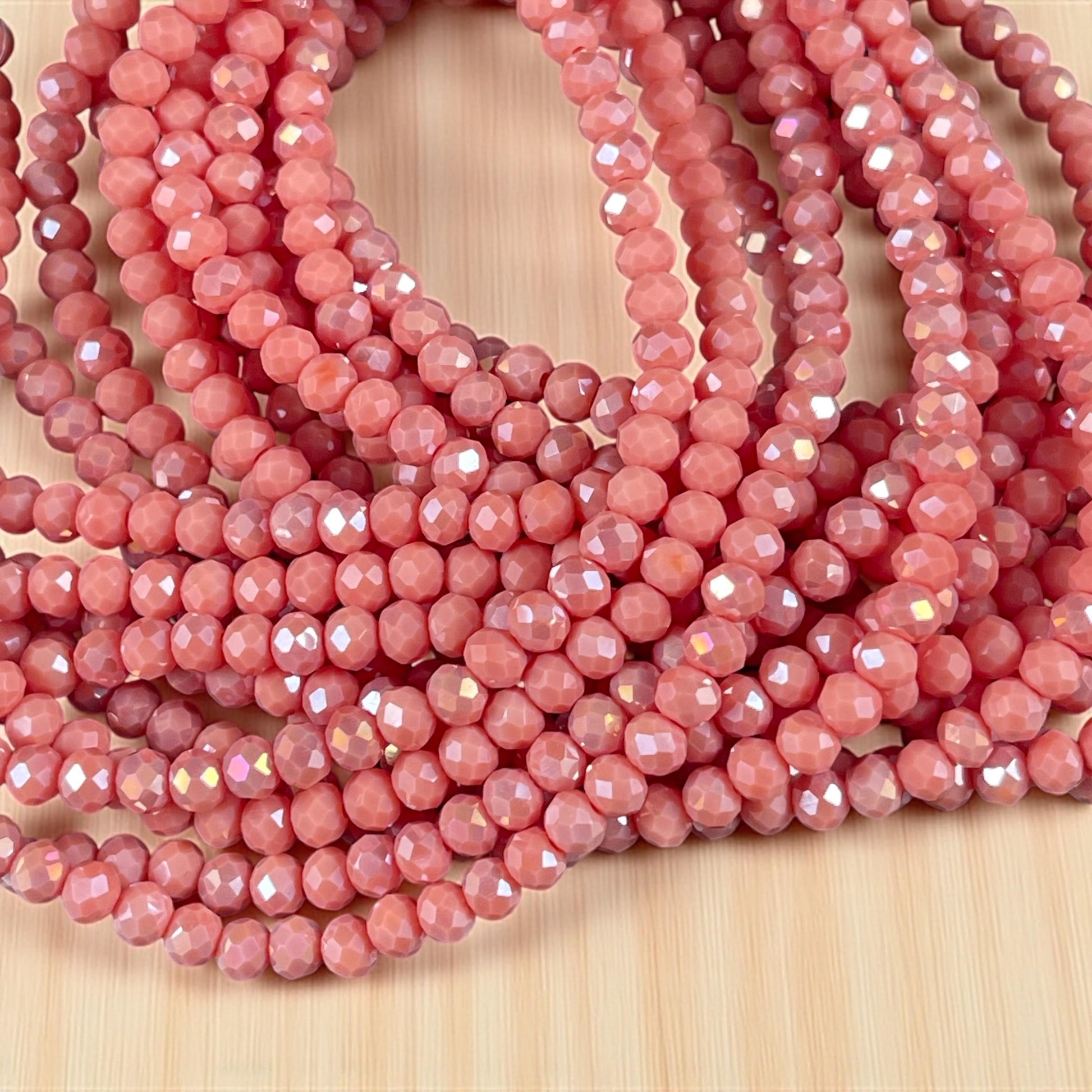 Light Salmon 4x3mm Faceted Glass Beads, Pinkish Orange Glass Beads with AB Finish (Salmon-4) * 100 Beads