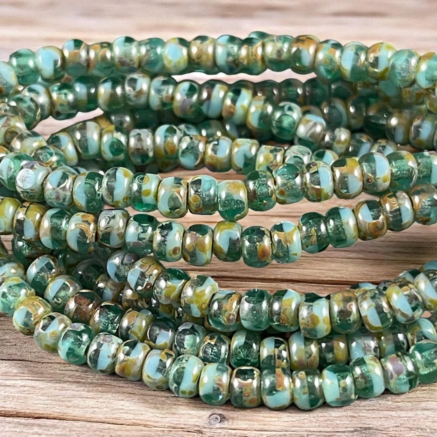 Green Faceted Trica Beads ~ Faceted 6/0 Seed Bead ~ 4x3mm Emerald Green and Sky Blue Picasso Seed Beads (TRICA/N-1196) * Qty. 50