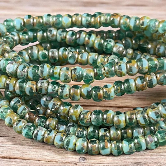 Green Faceted Trica Beads ~ Faceted 6/0 Seed Bead ~ 4x3mm Emerald Green and Sky Blue Picasso Seed Beads (TRICA/N-1196) * Qty. 50