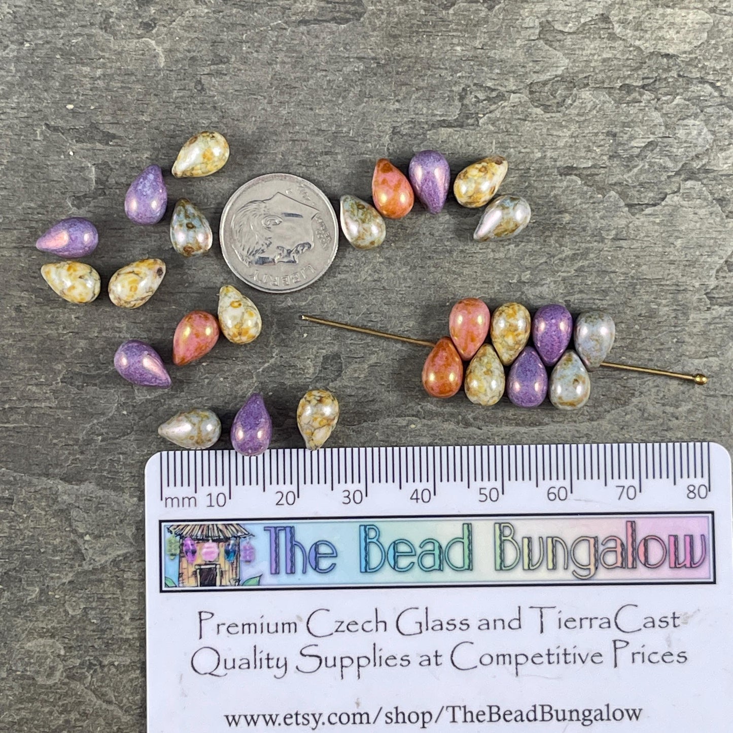 Czech Glass Beads - 6x9mm Colorful Mix of Briolette Teardrop Beads, Purple, Blue Rust and Green Luster (DRO/N-1405) * Qty. 25