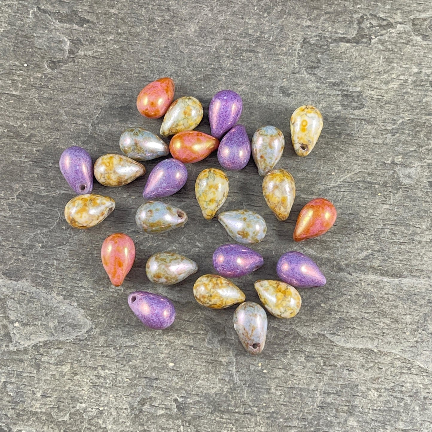 Czech Glass Beads - 6x9mm Colorful Mix of Briolette Teardrop Beads, Purple, Blue Rust and Green Luster (DRO/N-1405) * Qty. 25
