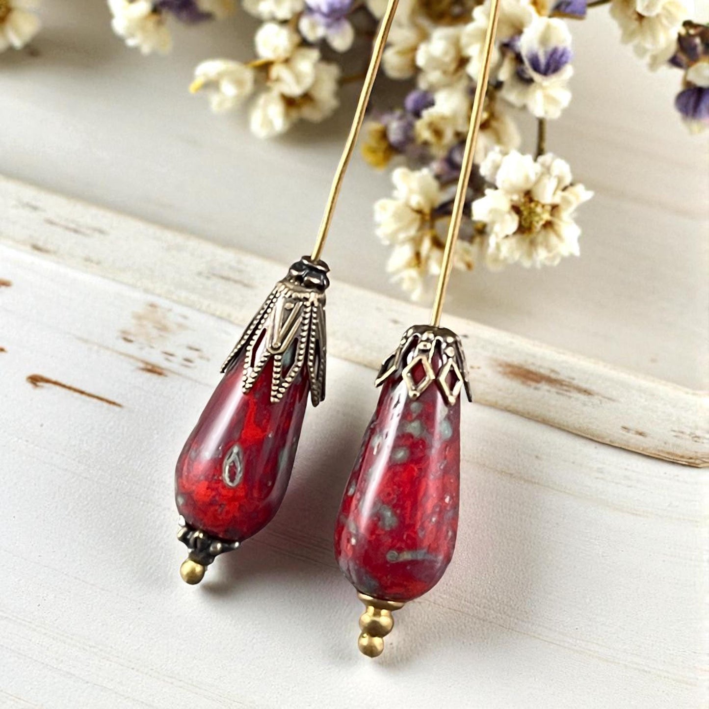 Czech Glass Beads - 20x9mm Elongated Red Picasso Teardrop Beads (DAN/N-1213) * Qty. 6