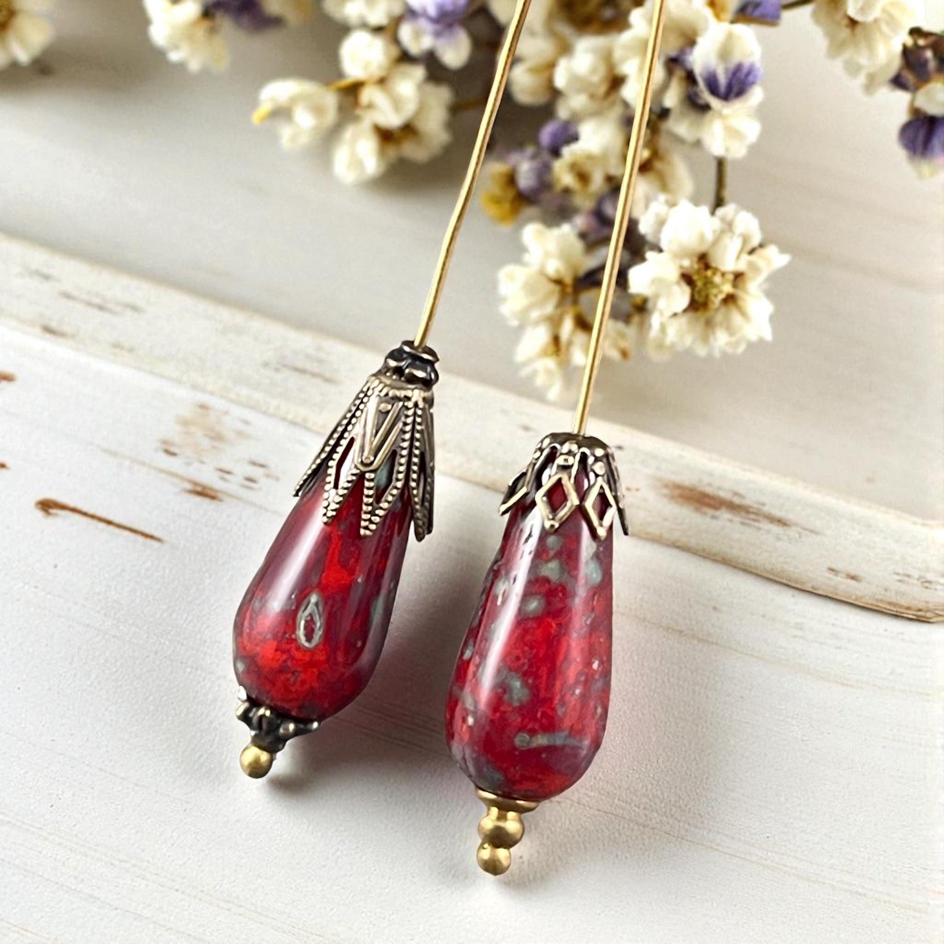 Czech Glass Beads - 20x9mm Elongated Red Picasso Teardrop Beads (DAN/N-1213) * Qty. 6