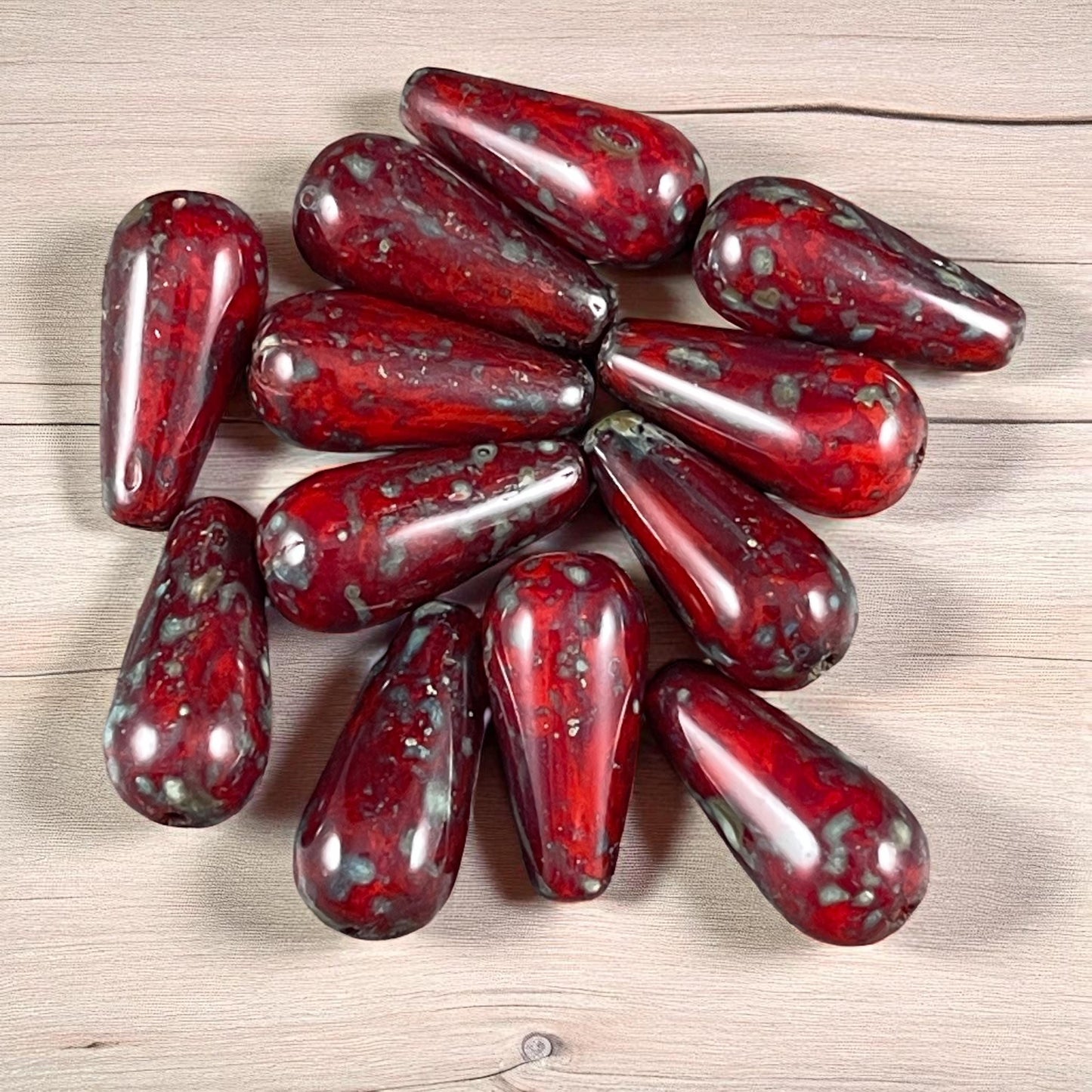 Czech Glass Beads - 20x9mm Elongated Red Picasso Teardrop Beads (DAN/N-1213) * Qty. 6