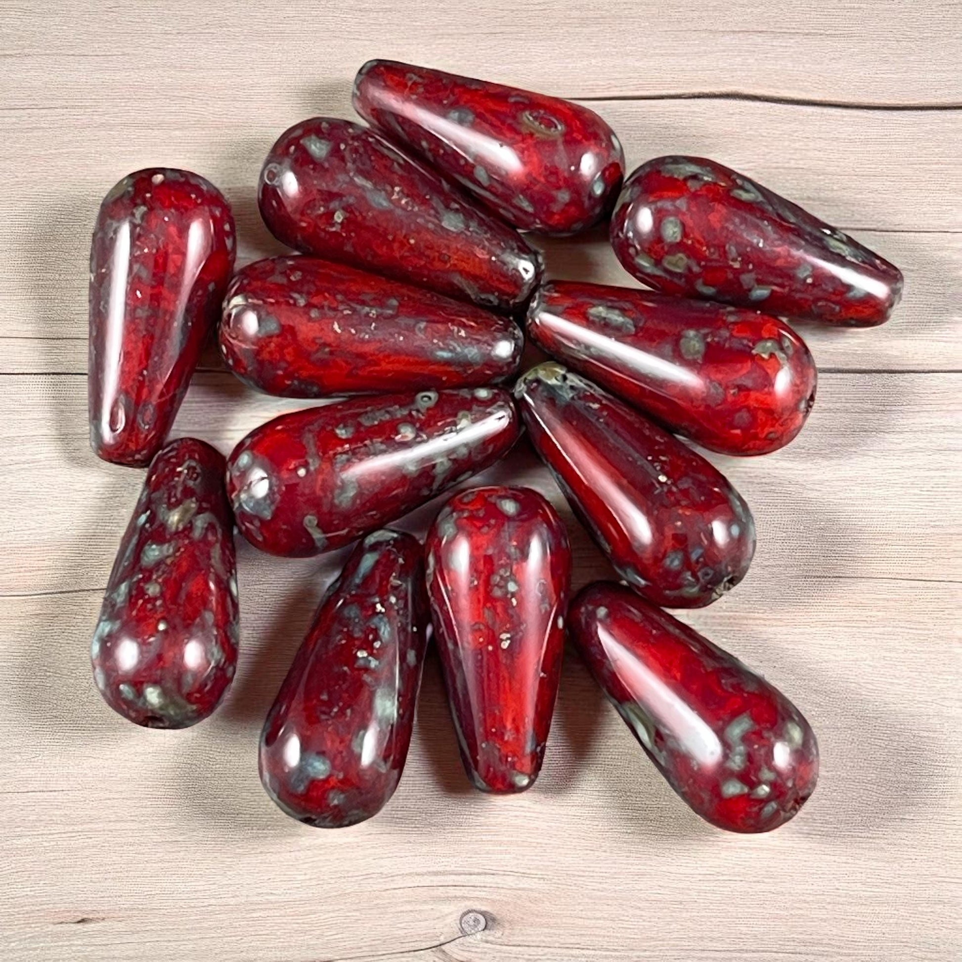 Czech Glass Beads - 20x9mm Elongated Red Picasso Teardrop Beads (DAN/N-1213) * Qty. 6