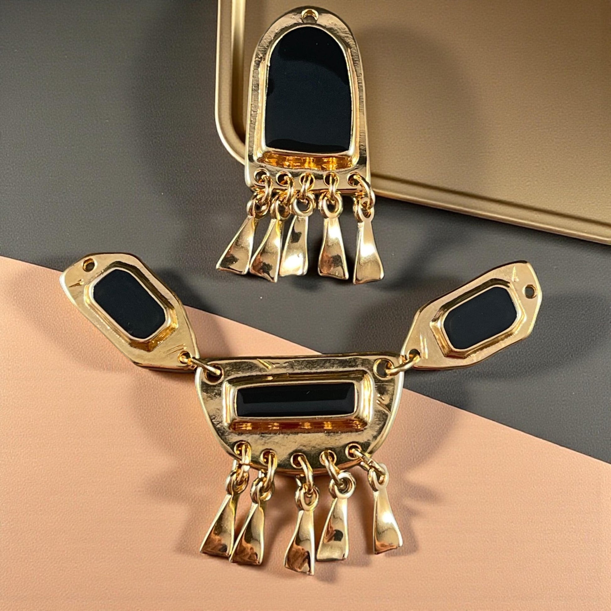Gold and Black Chandelier Pendant, 24k Gold Plated Connector with Black Enamel Inlay (PF/15295-13-0565) * Qty. 1