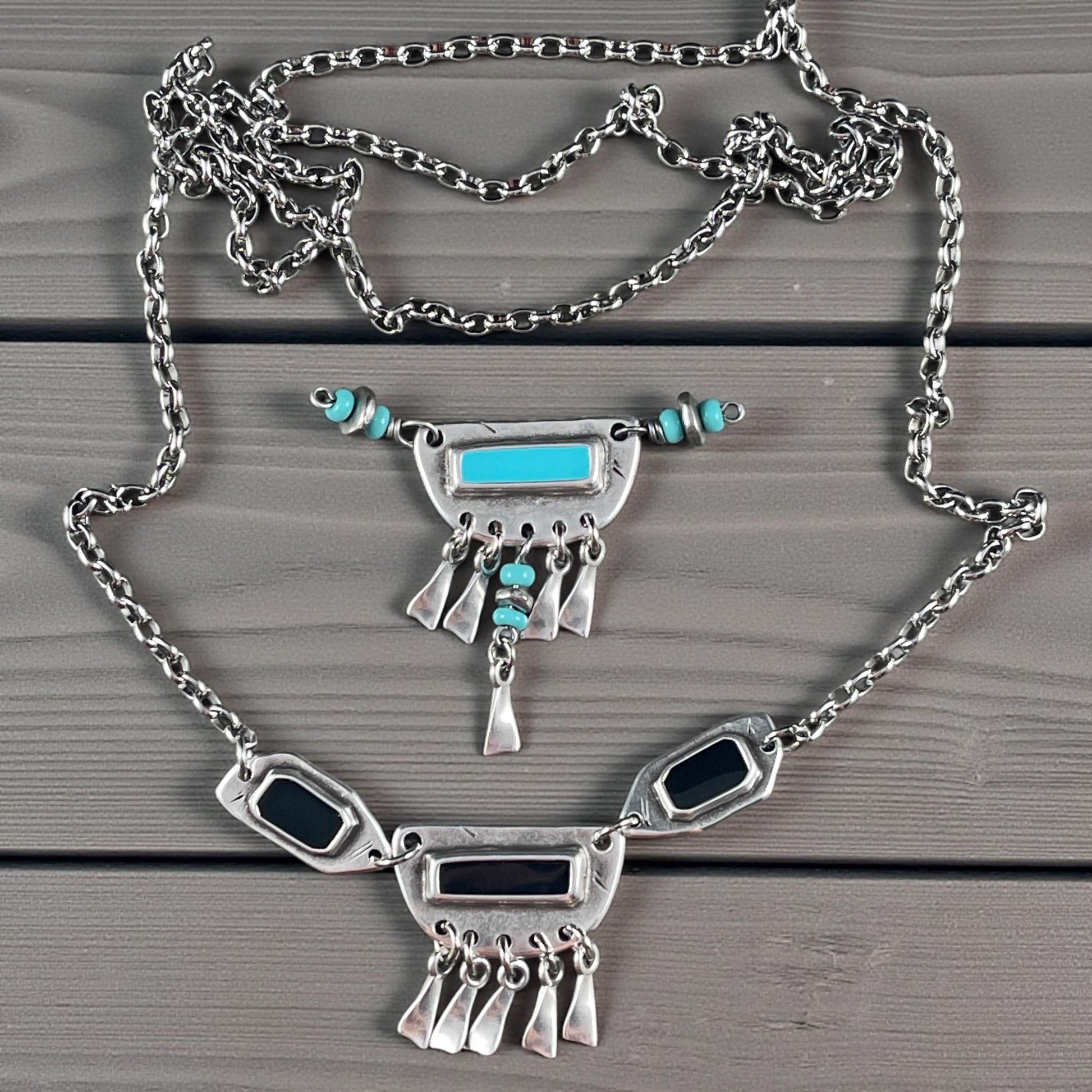 Turquoise Blue and Silver Chandelier Pendant, Antiqued Silver Plated Connector with Sky Blue Enamel Inlay (PF/15295-72-0299) * Qty. 2