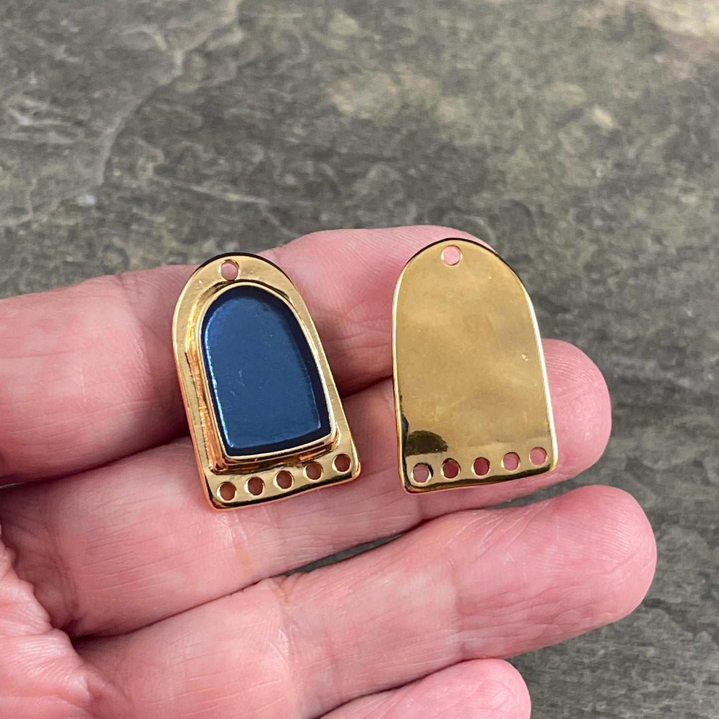 Gold and Pacific Blue Chandelier Drop, 24k Gold Plated Connector/Pendant/Charm with Blue Enamel Inlay (PF/15294-13-0538) * Qty. 2