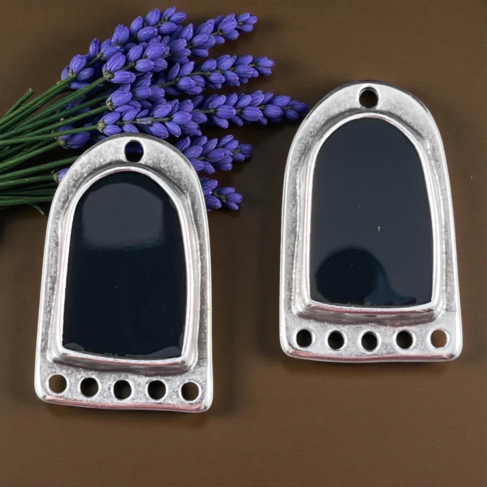 Chandelier Drop, Antiqued Silver Plated Connector/Pendant/Charm with Black Enamel Inlay (PF/15294-72-0565) * Qty. 2