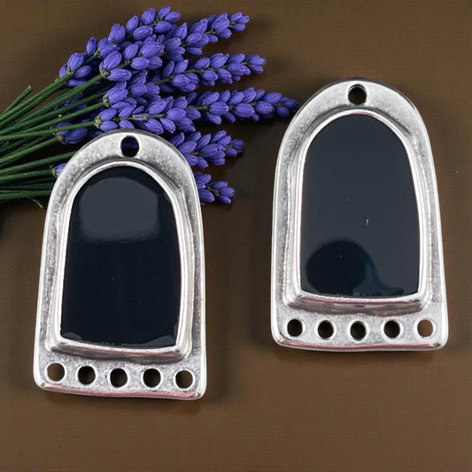 Silver and Black Chandelier Drop, Antiqued Silver Plated Connector/Pendant/Charm with Black Enamel Inlay (PF/15294-72-0565) * Qty. 2