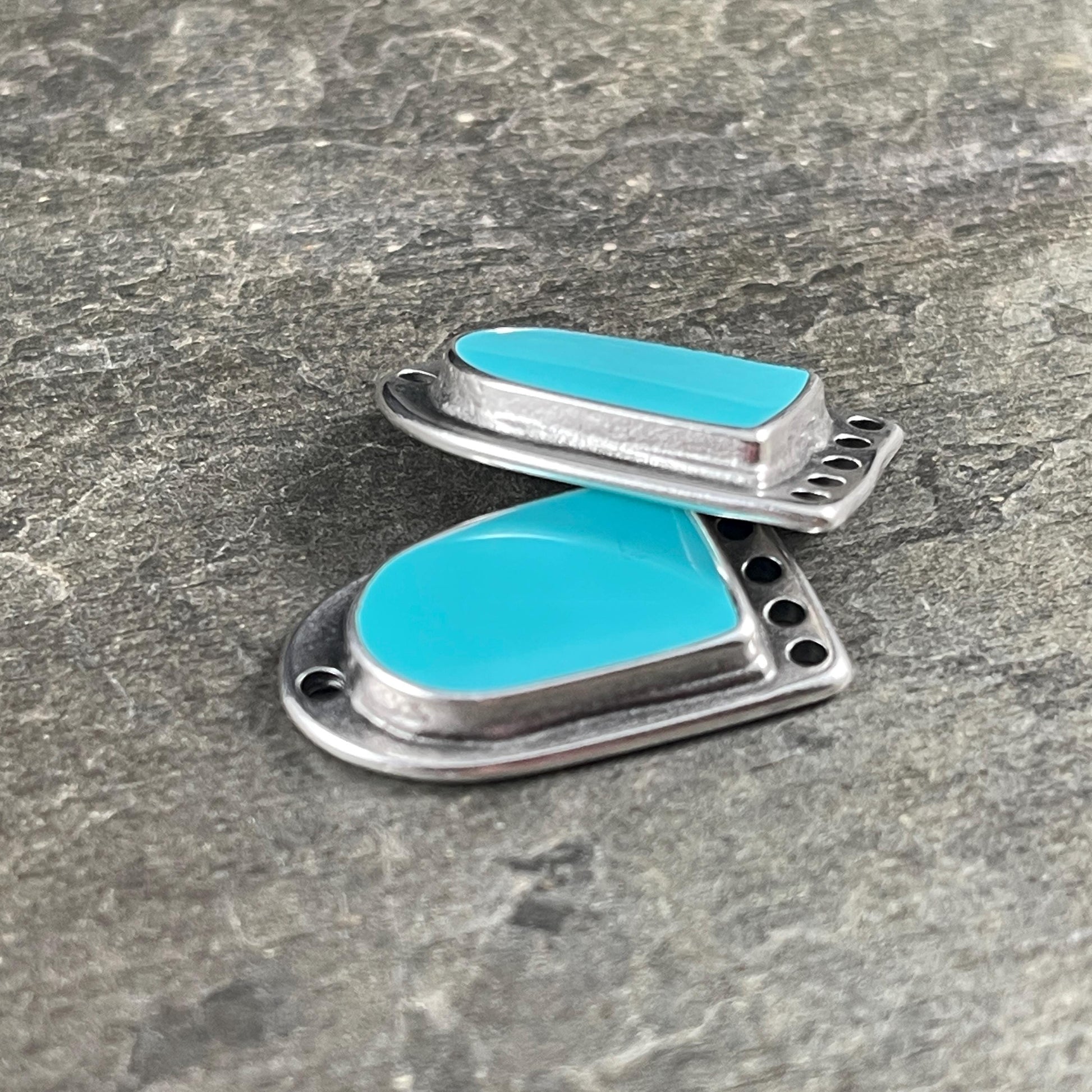 Silver and Turquoise Chandelier Drop, Antiqued Silver Plated Connector/Pendant/Charm with Sky Blue Enamel Inlay (PF/15294-72-0299) * Qty. 2