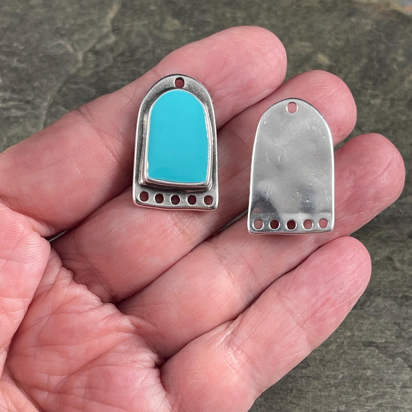 Silver and Turquoise Chandelier Drop, Antiqued Silver Plated Connector/Pendant/Charm with Sky Blue Enamel Inlay (PF/15294-72-0299) * Qty. 2