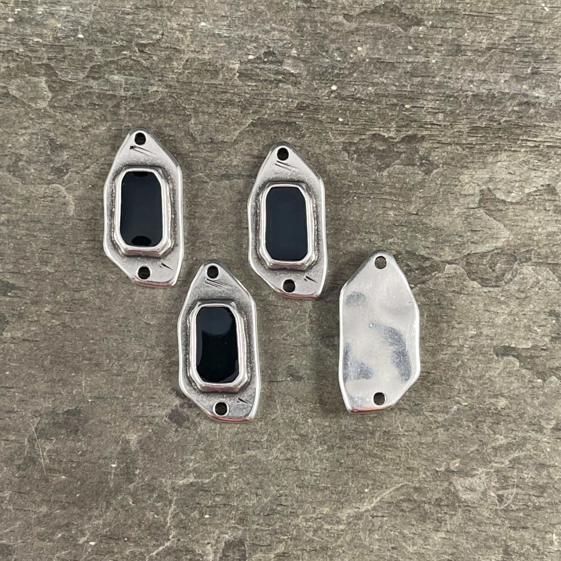 Silver and Black Connector, Antiqued Silver Plated Link with Black Enamel Inlay (PF/15296-72-0565) * Qty. 4