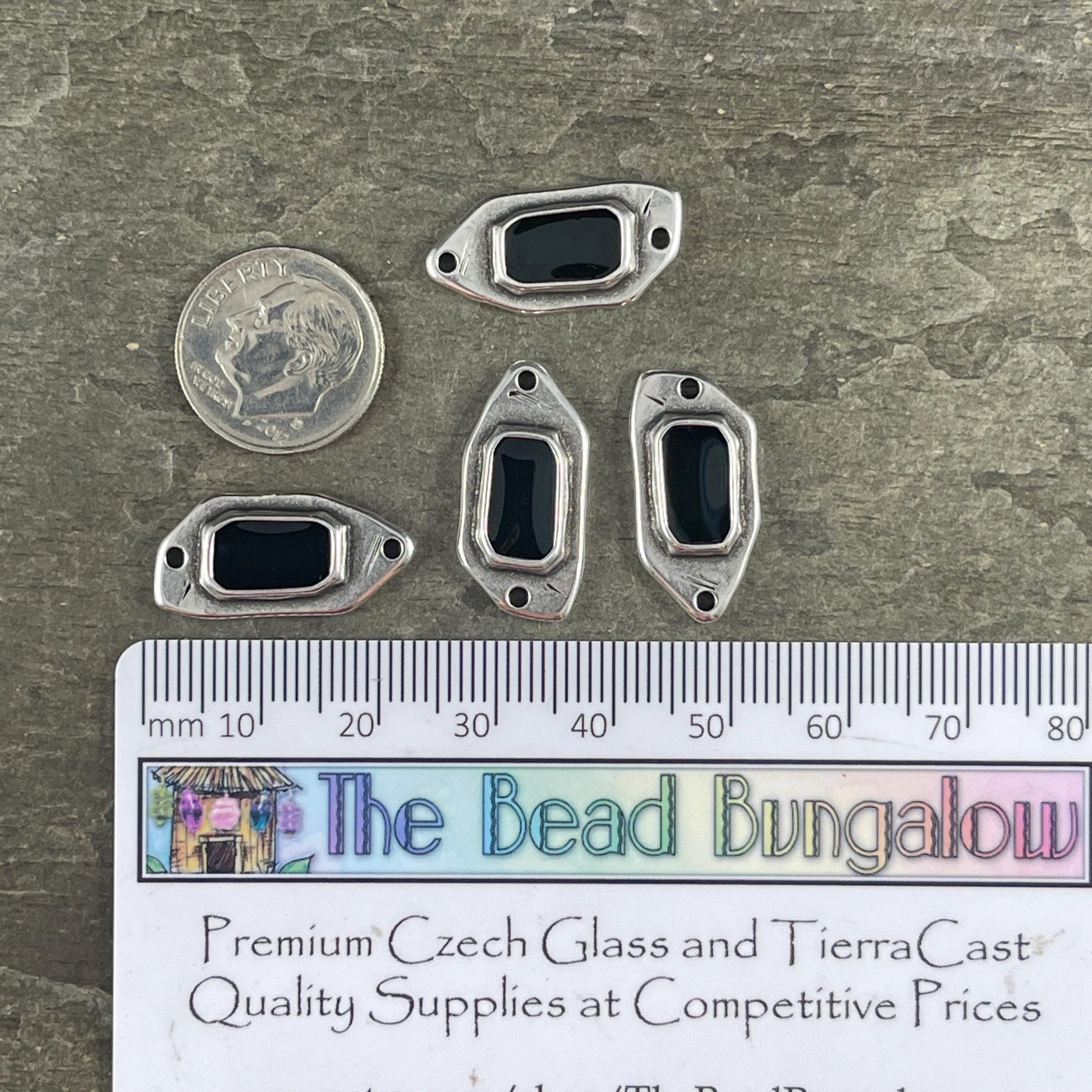 Silver and Black Connector, Antiqued Silver Plated Link with Black Enamel Inlay (PF/15296-72-0565) * Qty. 4