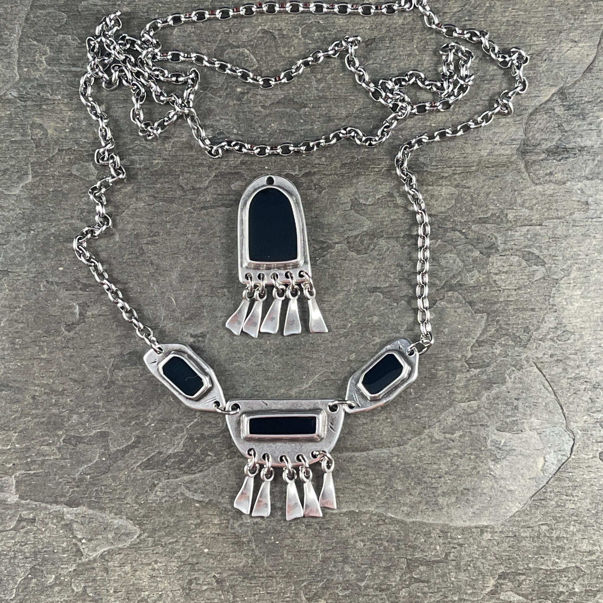 Silver and Black Connector, Antiqued Silver Plated Link with Black Enamel Inlay (PF/15296-72-0565) * Qty. 4