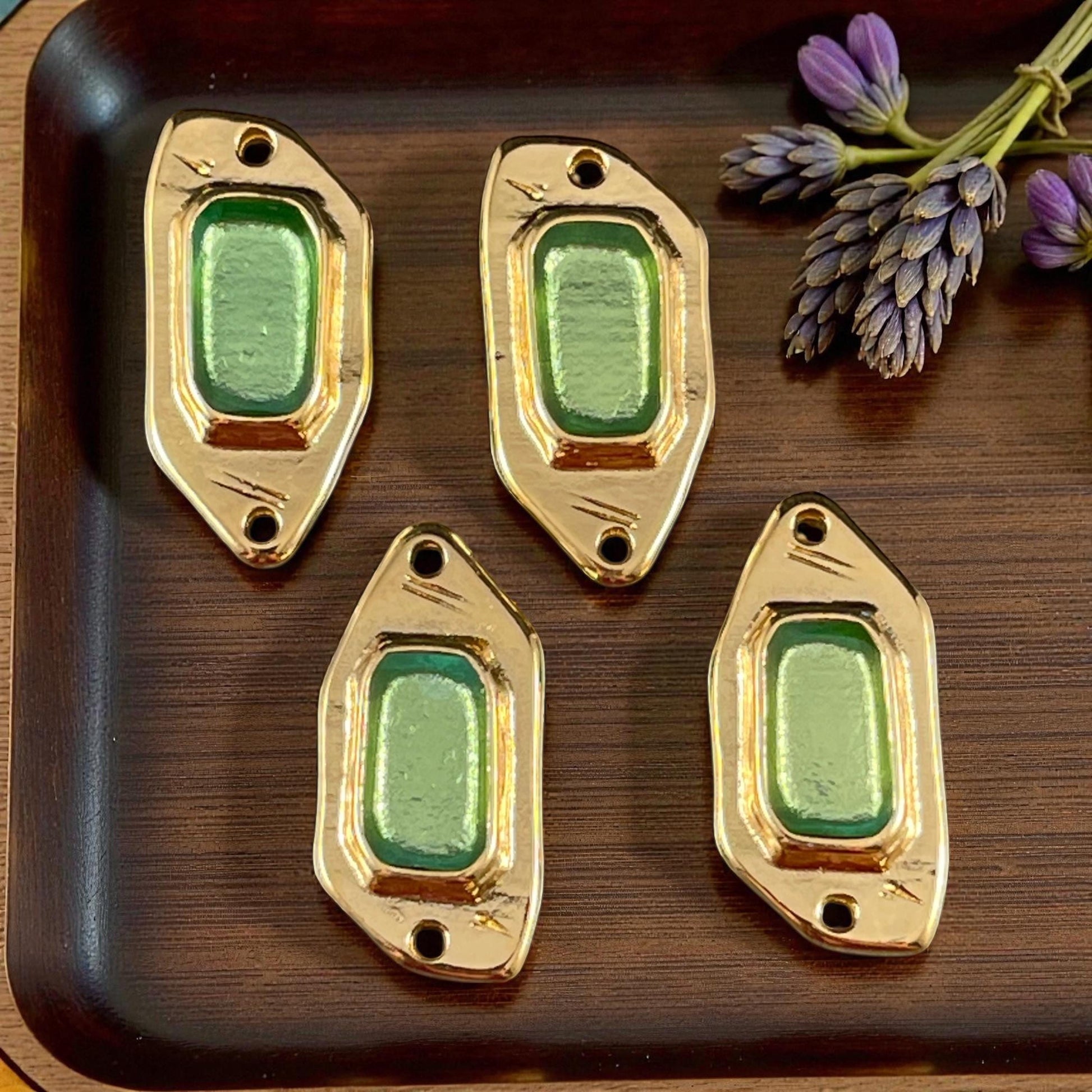 24k Gold Plated Link with Peridot Green Enamel Inlay (PF/15296-13-0556) * Qty. 2