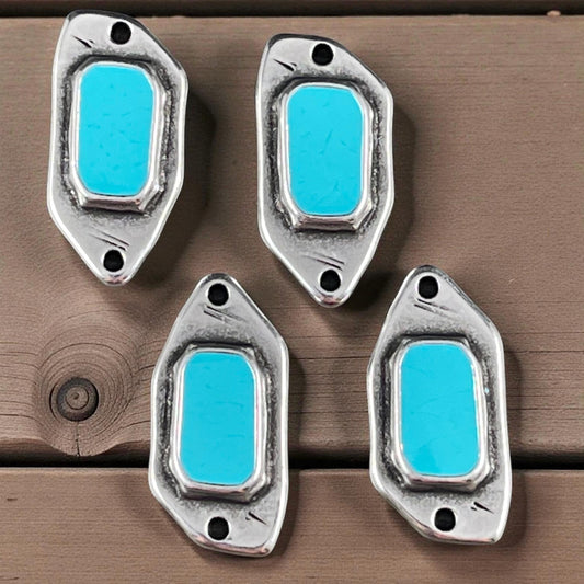 Silver and Turquoise Connector, Antiqued Silver Plated Link with Sky Blue Enamel Inlay (PF/15296-72-0299) * Qty. 4