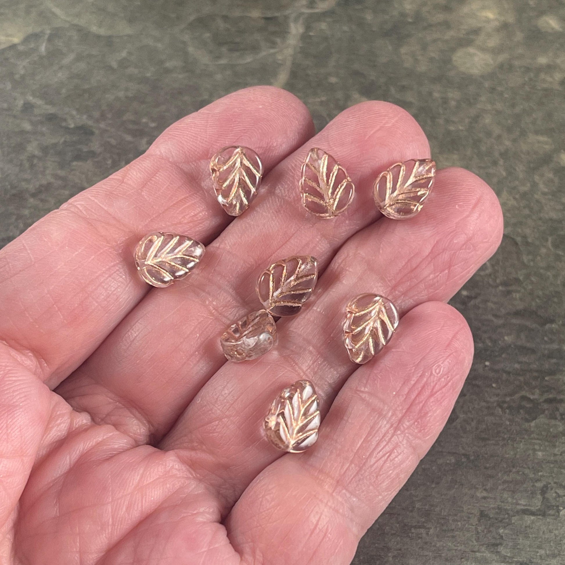 Czech Glass Beads - Transparent Clear Glass Leaf with Copper Wash, Mint Leaf, 10x8mm Birch Leaf (Mint27) * Qty. 16