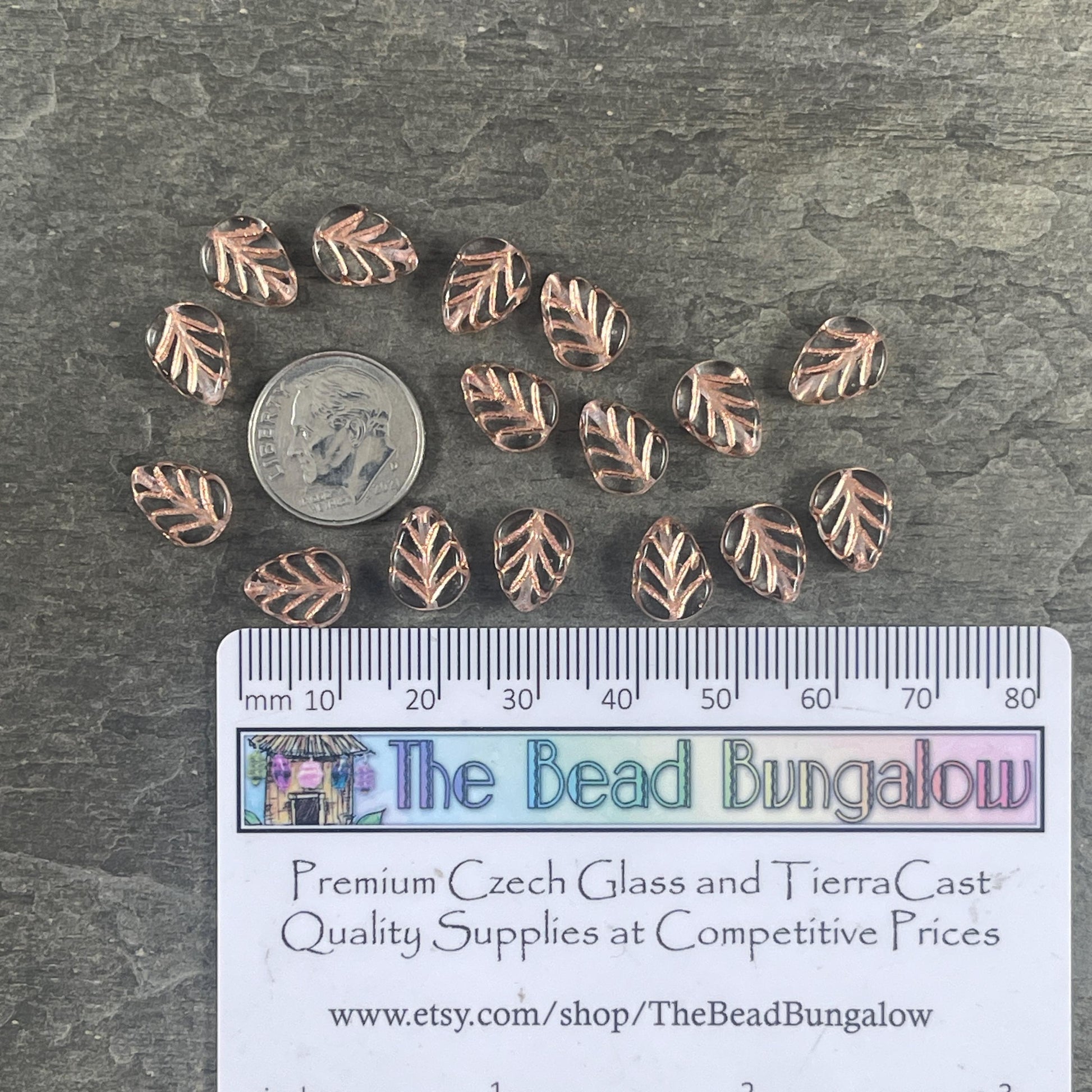 Czech Glass Beads - Transparent Clear Glass Leaf with Copper Wash, Mint Leaf, 10x8mm Birch Leaf (Mint27) * Qty. 16