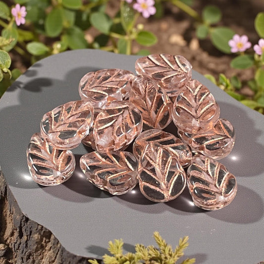 Czech Glass Beads - Transparent Clear Glass Leaf with Copper Wash, Mint Leaf, 10x8mm Birch Leaf (Mint27) * Qty. 16