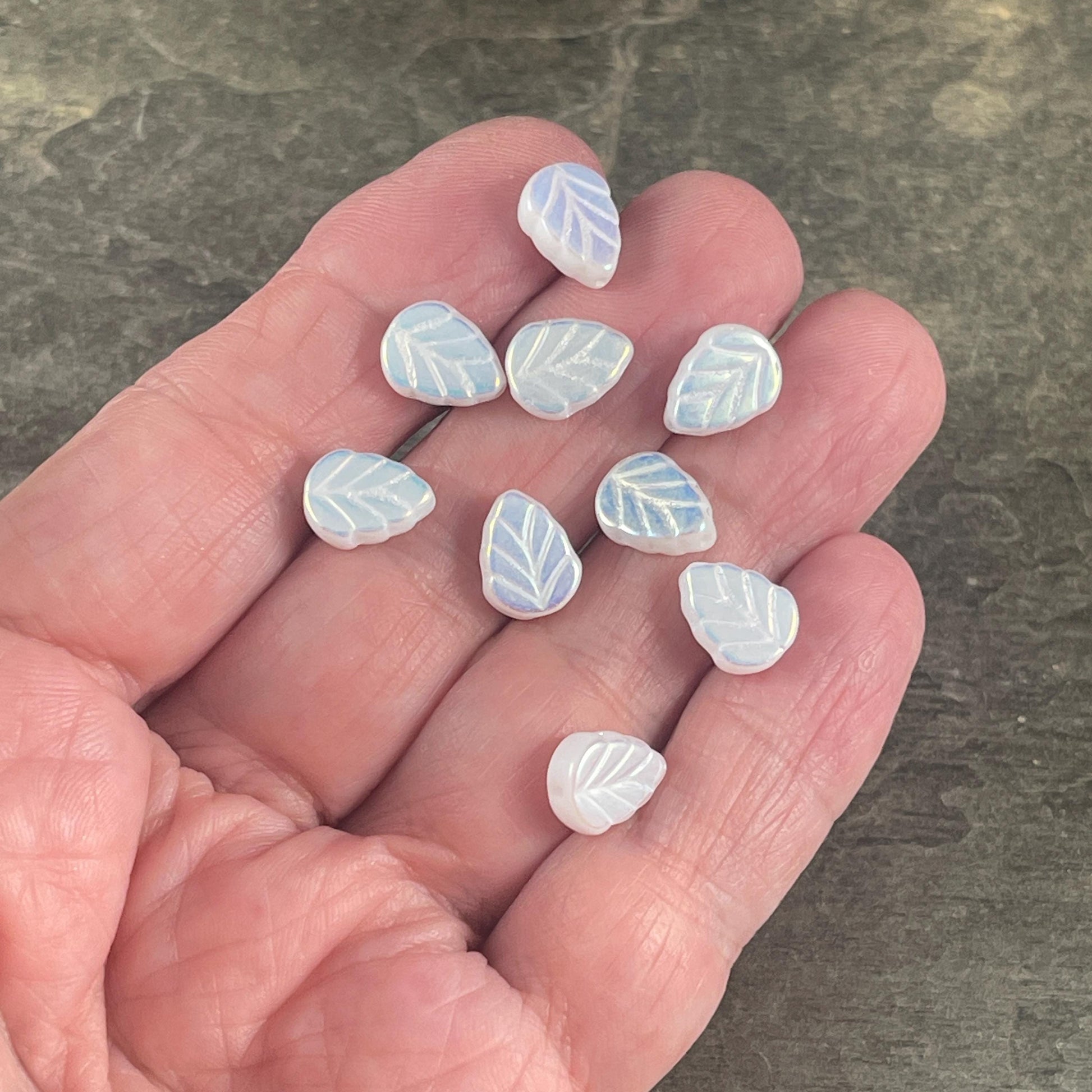 Czech Glass Beads - White Leaf Bead with AB, Wintery Mint Leaf, 10x8mm Birch Leaf (Mint12) * Qty. 16