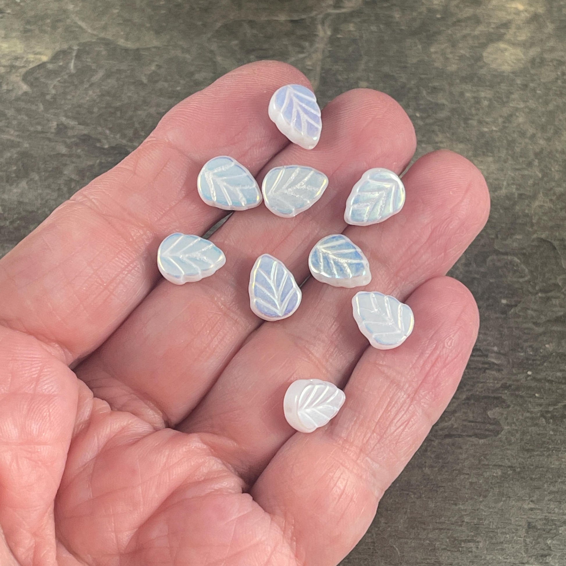 Czech Glass Beads - White Leaf Bead with AB, Wintery Mint Leaf, 10x8mm Birch Leaf (Mint12) * Qty. 16