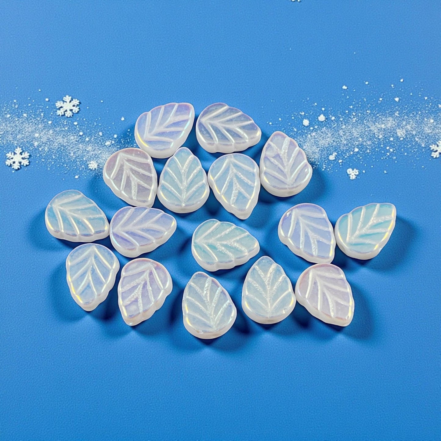 Czech Glass Beads - White Leaf Bead with AB, Wintery Mint Leaf, 10x8mm Birch Leaf (Mint12) * Qty. 16