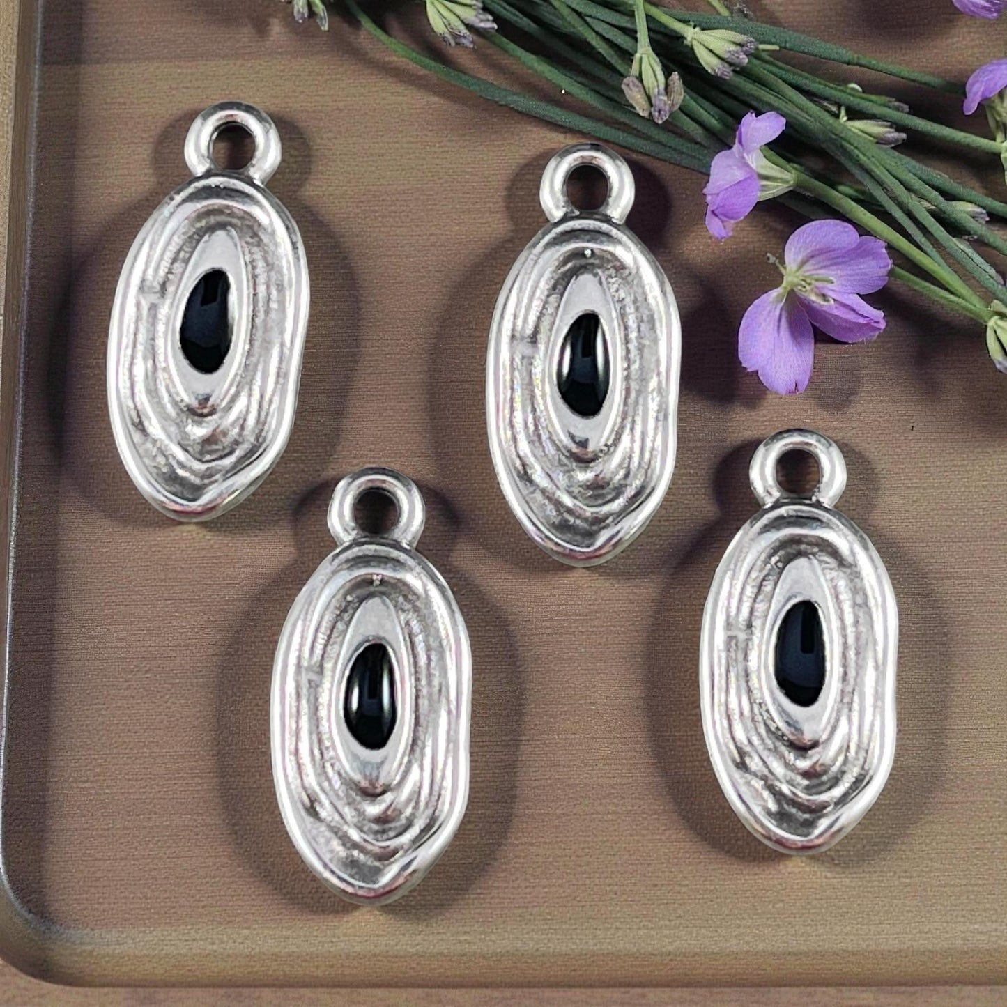 Organic Oval Charm - 18x8mm Oval Drop with Enamel Center, Antiqued Silver and Black Earring Drop (PF/15313-72-0222) * Qty. 4