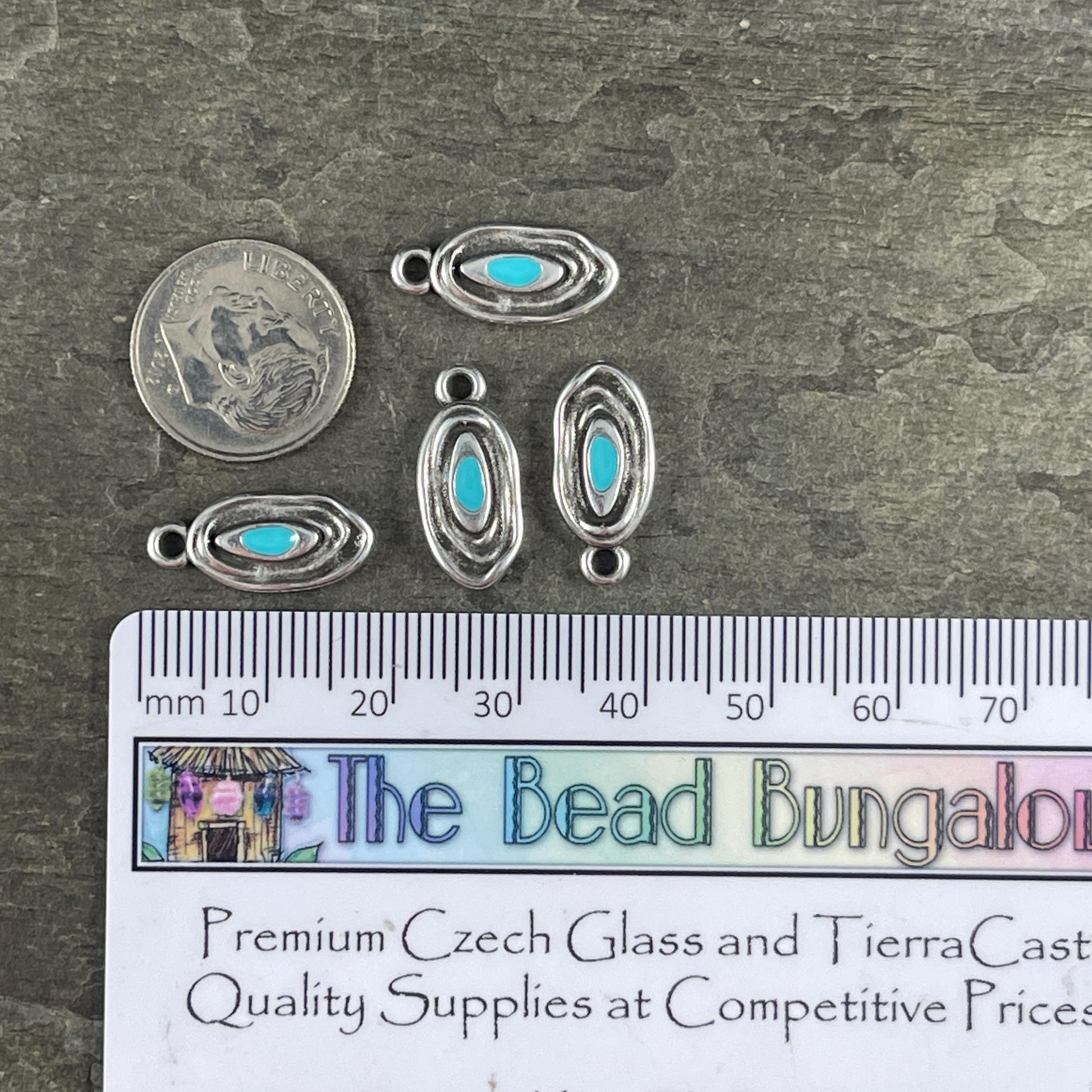 Organic Oval Charm - 18x8mm Oval Drop with Enamel Center, Antiqued Silver and Turquoise Earring Drop (PF/15313-72-0299) * Qty. 4