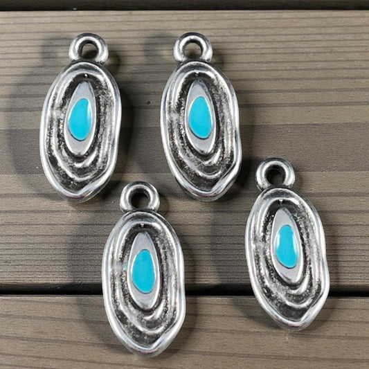 Organic Oval Charm - 18x8mm Oval Drop with Enamel Center, Antiqued Silver and Turquoise Earring Drop (PF/15313-72-0299) * Qty. 4