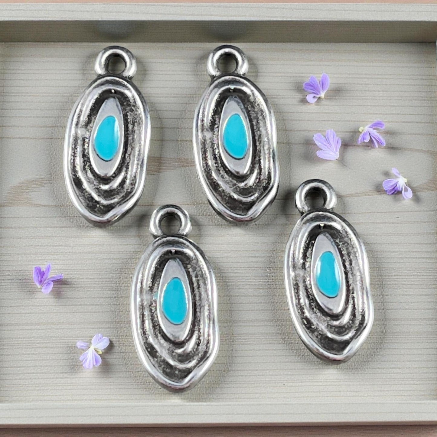 Organic Oval Charm - 18x8mm Oval Drop with Enamel Center, Antiqued Silver and Turquoise Earring Drop (PF/15313-72-0299) * Qty. 4