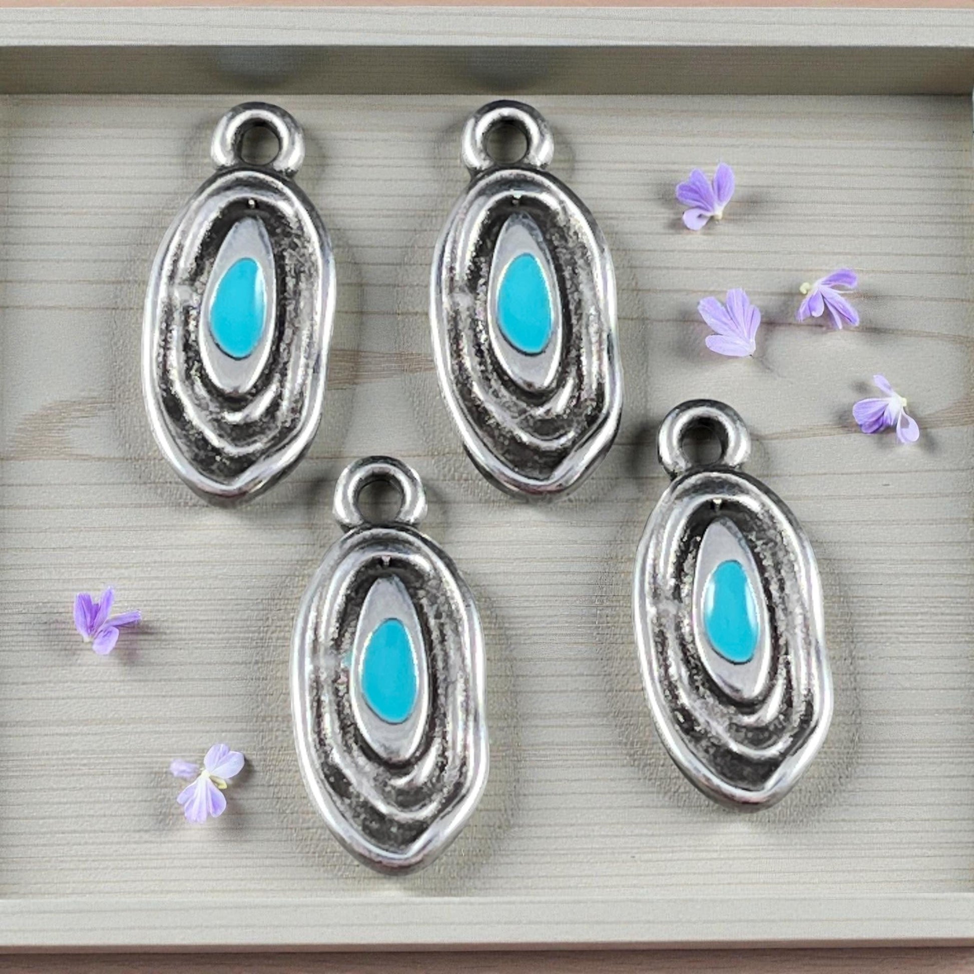 Organic Oval Charm - 18x8mm Oval Drop with Enamel Center, Antiqued Silver and Turquoise Earring Drop (PF/15313-72-0299) * Qty. 4