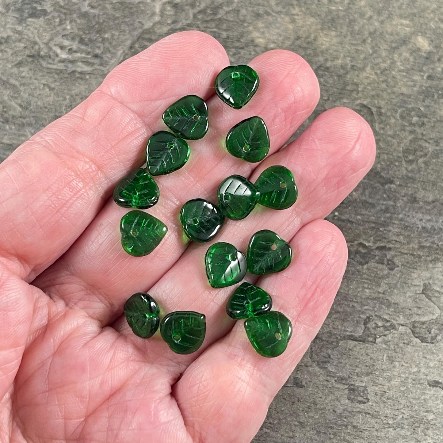 Green Czech Glass Beads, 9mm Top Drilled Emerald Green Heart Shaped Beads (2714MD) * Qty. 50