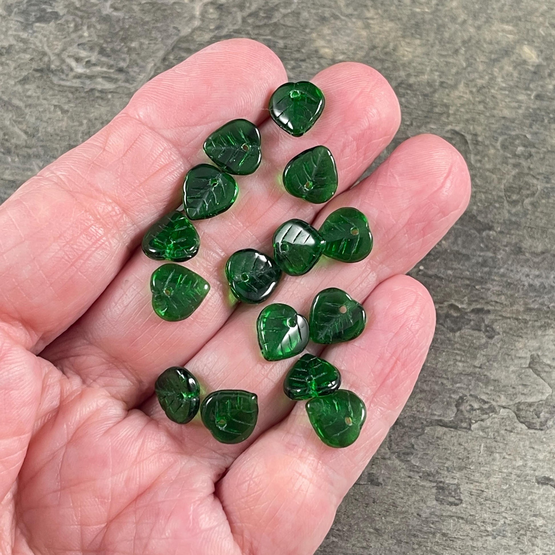 Green Czech Glass Beads, 9mm Top Drilled Emerald Green Heart Shaped Beads (2714MD) * Qty. 50