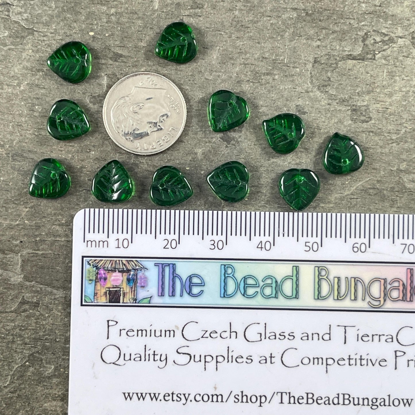 Green Czech Glass Beads, 9mm Top Drilled Emerald Green Heart Shaped Beads (2714MD) * Qty. 50